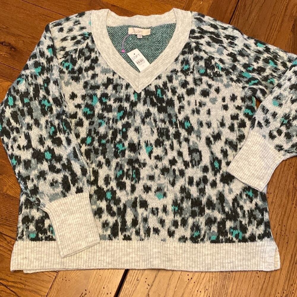 New Ann Taylor Loft womens animal cheetah print grey and teal wool blend sweater